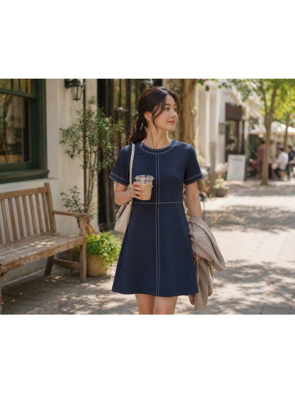 Banana Republic Navy Short-Sleeve A-Line Dress with Contrast Stitching